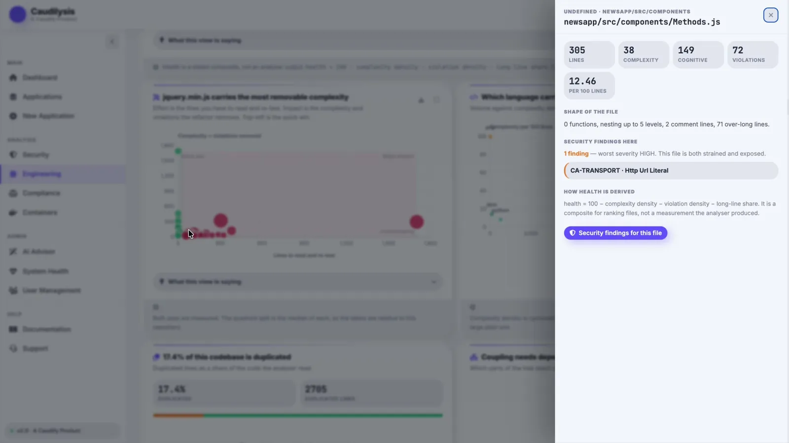 Caudilysis per file drill down screen: Complexity, violations and security findings for any file, one click from the chart.