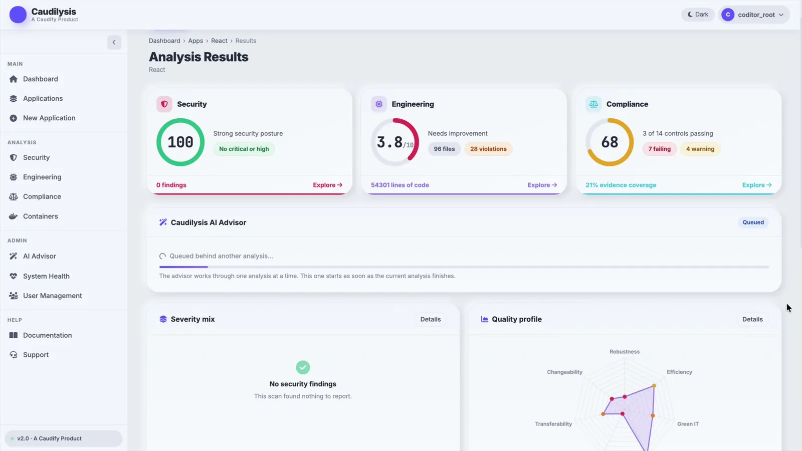 Caudilysis one results page screen: Security, engineering and compliance scores side by side for every analysis.