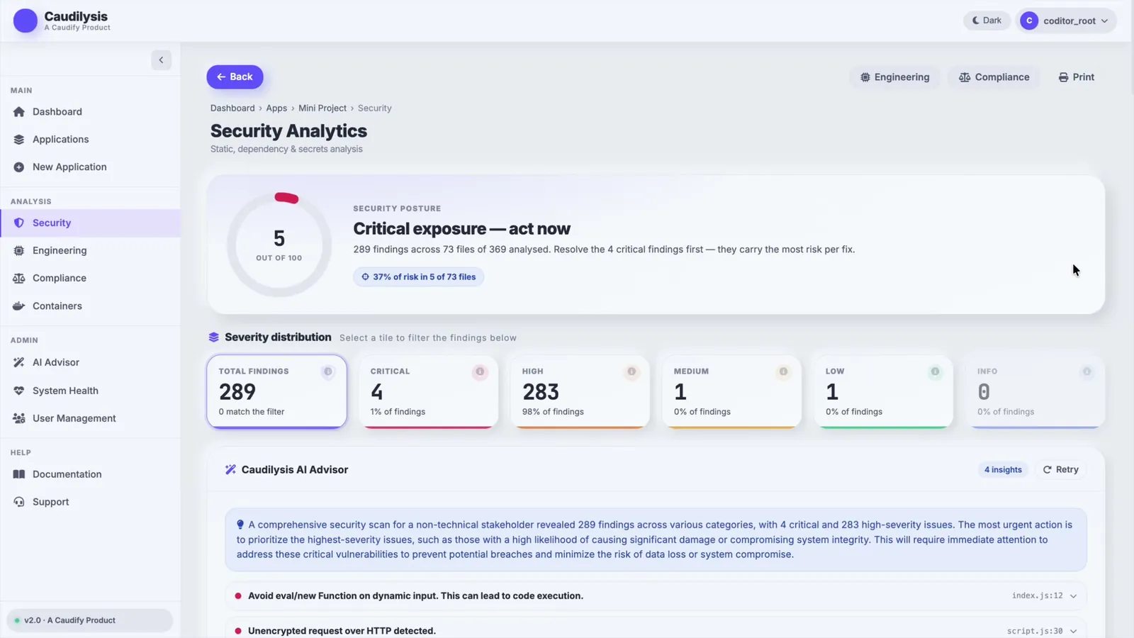 Caudilysis Security Analytics showing a security posture score of 5 out of 100, 289 findings by severity and the AI advisor's summary.